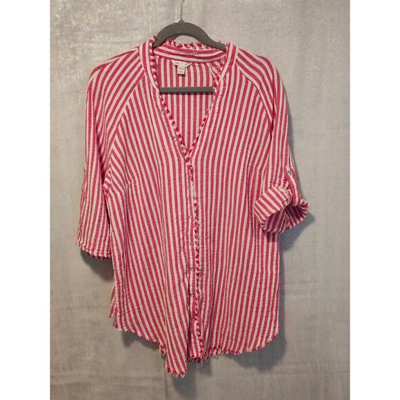 Cato Red White Stripe 14/16W VNeck Beach Flowy Nautical Raw Edge Snap front - Picture 6 of 6